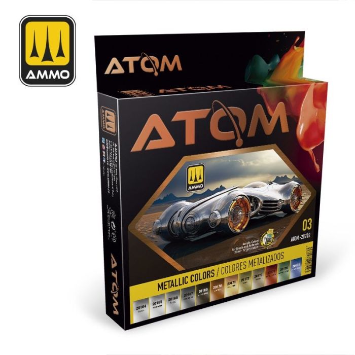 ATOM ACR. PAINT SET 3 METALLIC COLORS 12 JARS ATOM-20702