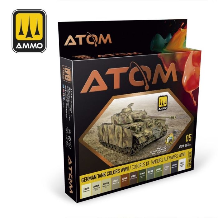 ATOM ACR. PAINT SET 5 GERMAN TANKS WWII COLORS 12 JARS ATOM-20704