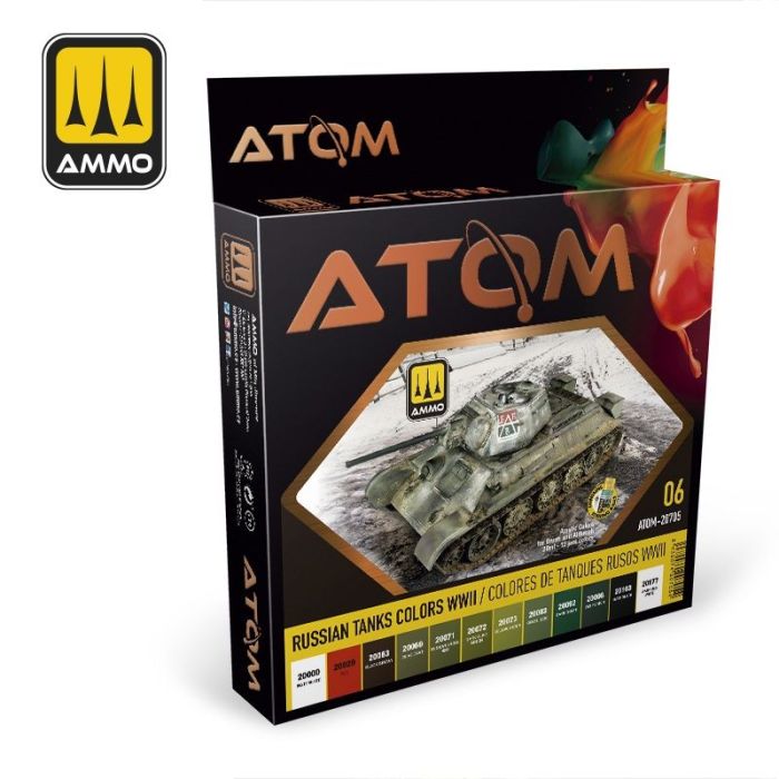 ATOM ACR. PAINT SET 6 RUSSIAN TANKS WWII COLORS 12 JARS ATOM-20705