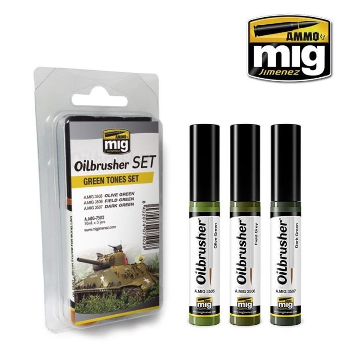 OILBRUSHER SET GREEN TONES 3 JARS 35 ML A.MIG-7502